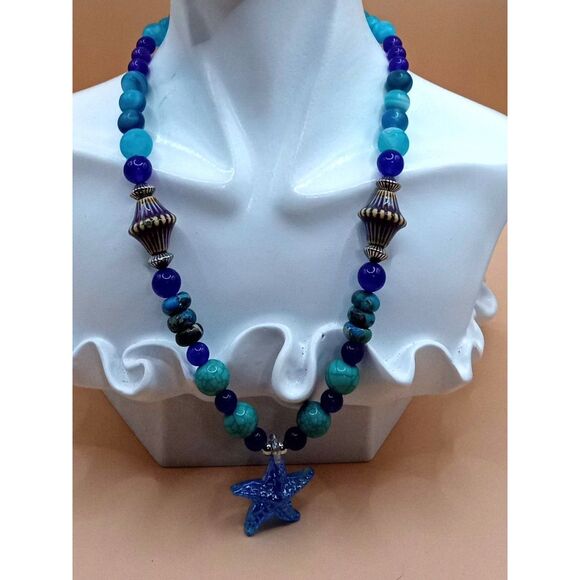 Natural Stone Beads Blue Agate, Howlite Turquoise w Glass Starfish Pendant - Picture 5 of 5